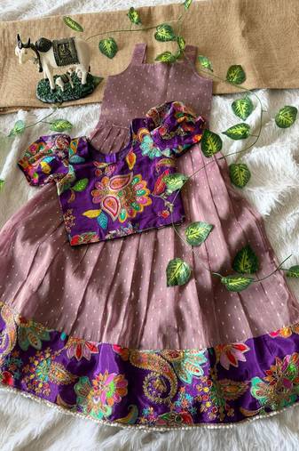 Kids mauve salsa fabric gown with viscose crepe koti featuring hand-placed position embroidery work