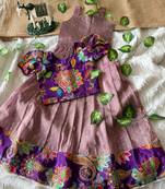 Kids mauve salsa fabric gown with viscose crepe koti featuring hand-placed position embroidery work
