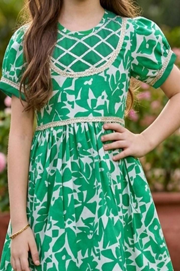 White and green printed cotton festive wear kurta set