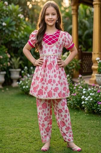 White and pink printed cotton festive wear kurta set