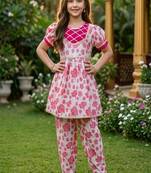 White and pink printed cotton festive wear kurta set