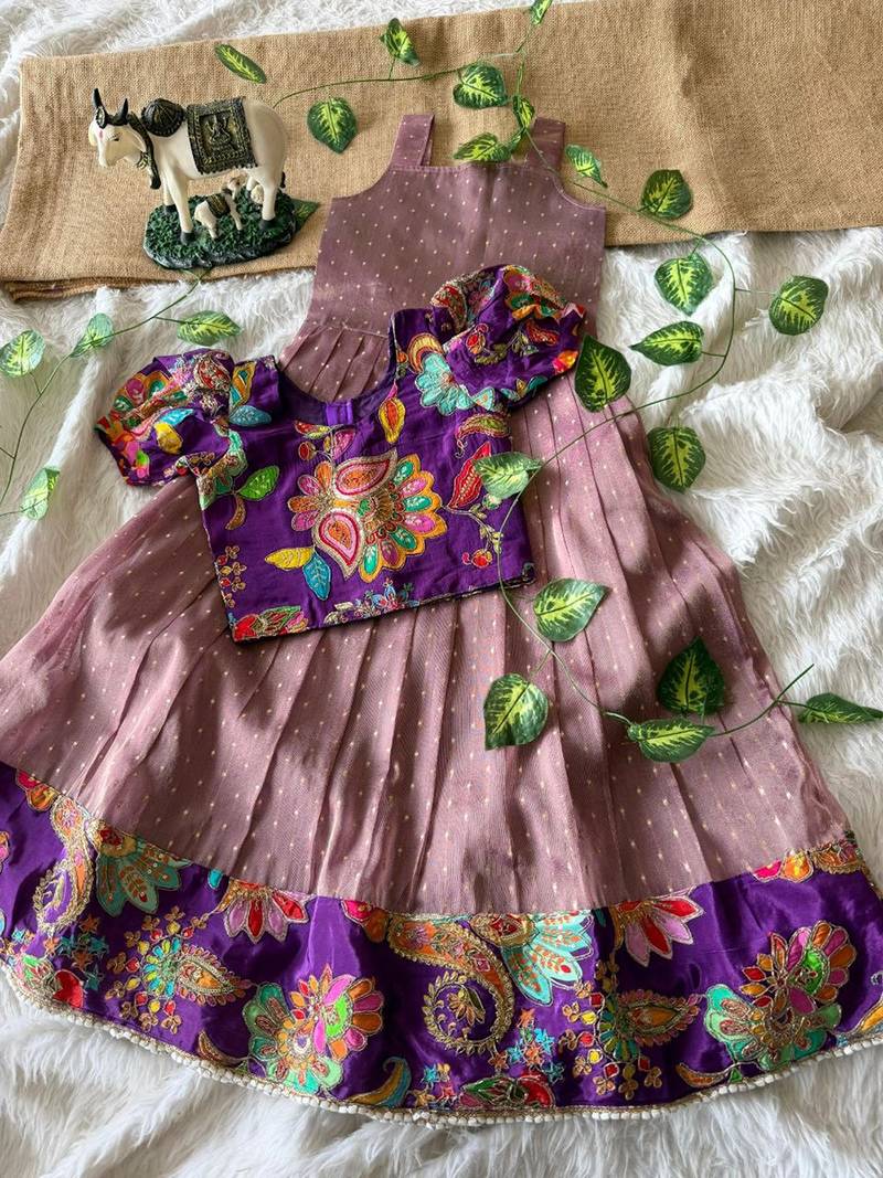 Kids mauve salsa fabric gown with viscose crepe koti featuring hand-placed position embroidery work