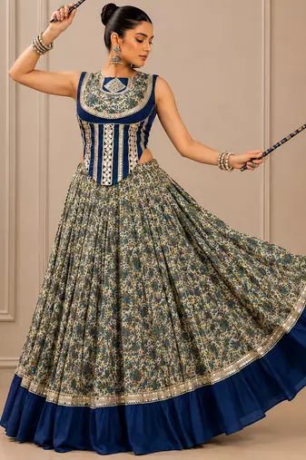 Navy Blue Navratri Chanderi Lehenga with Real Mirror Work