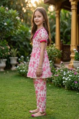 White and pink printed cotton festive wear kurta set 3