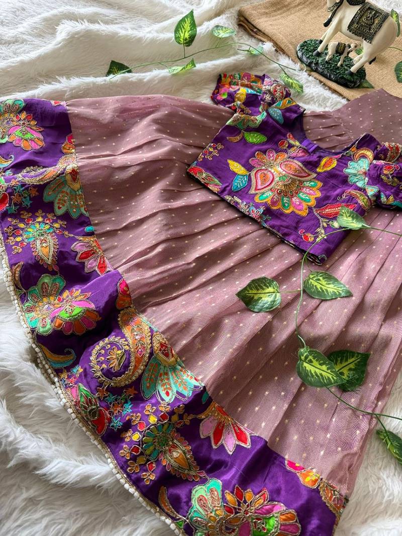 Kids mauve salsa fabric gown with viscose crepe koti featuring hand-placed position embroidery work