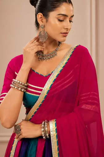 Multicolor Navratri Chinon Lehenga Set with Gotta Patti Work