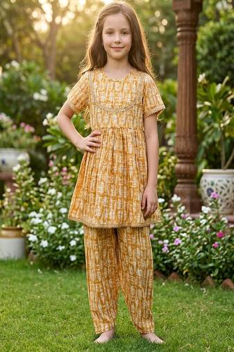 Brown and white printed cotton festive wear kurta set