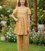 Brown and white printed cotton festive wear kurta set