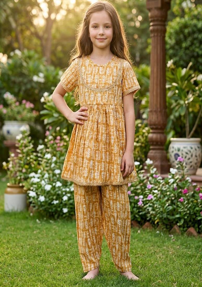 Brown and white printed cotton festive wear kurta set