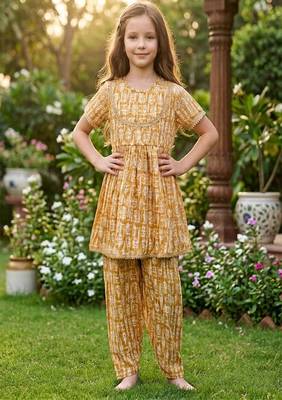 Brown and white printed cotton festive wear kurta set 2