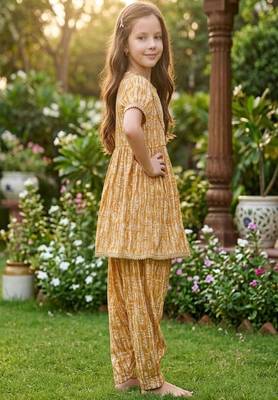 Brown and white printed cotton festive wear kurta set 3