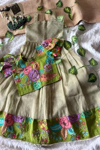 Kids pista salsa fabric gown with viscose crepe koti featuring hand-placed position embroidery work