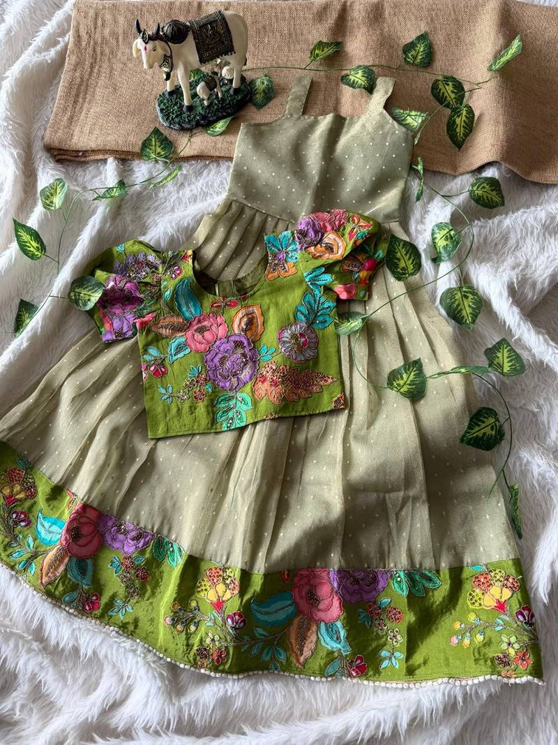 Kids pista salsa fabric gown with viscose crepe koti featuring hand-placed position embroidery work