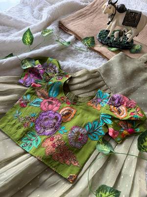 Kids pista salsa fabric gown with viscose crepe koti featuring hand-placed position embroidery work 3