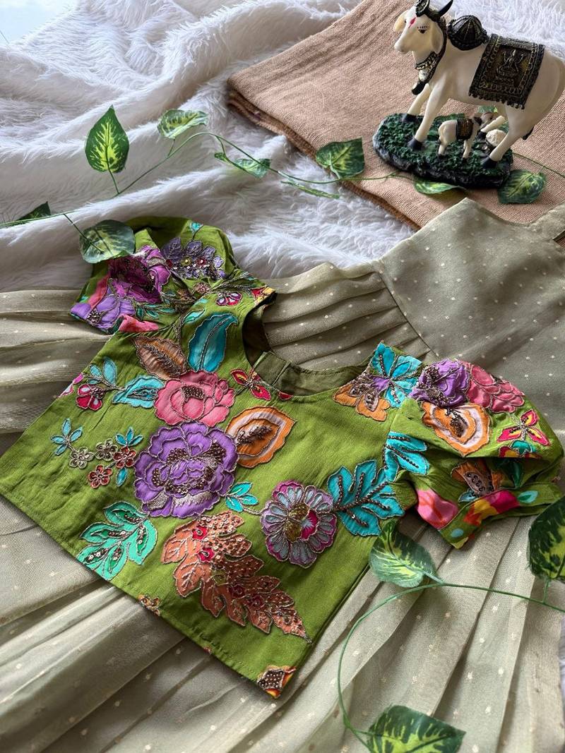 Kids pista salsa fabric gown with viscose crepe koti featuring hand-placed position embroidery work