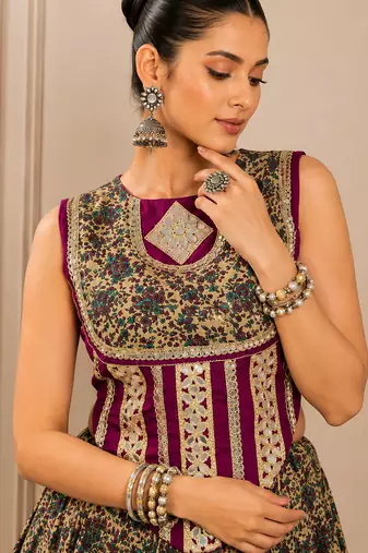 Wine Navratri Chanderi Lehenga with Real Mirror Work