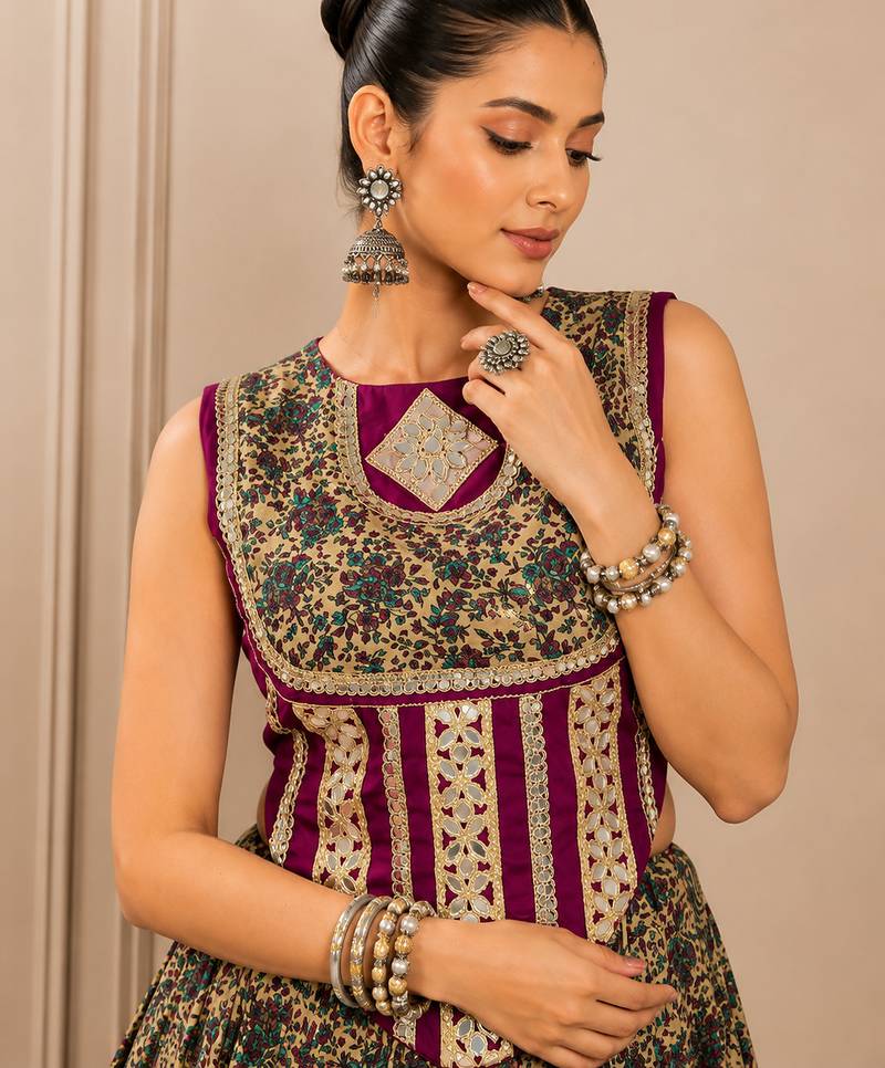 Wine Navratri Chanderi Lehenga with Real Mirror Work