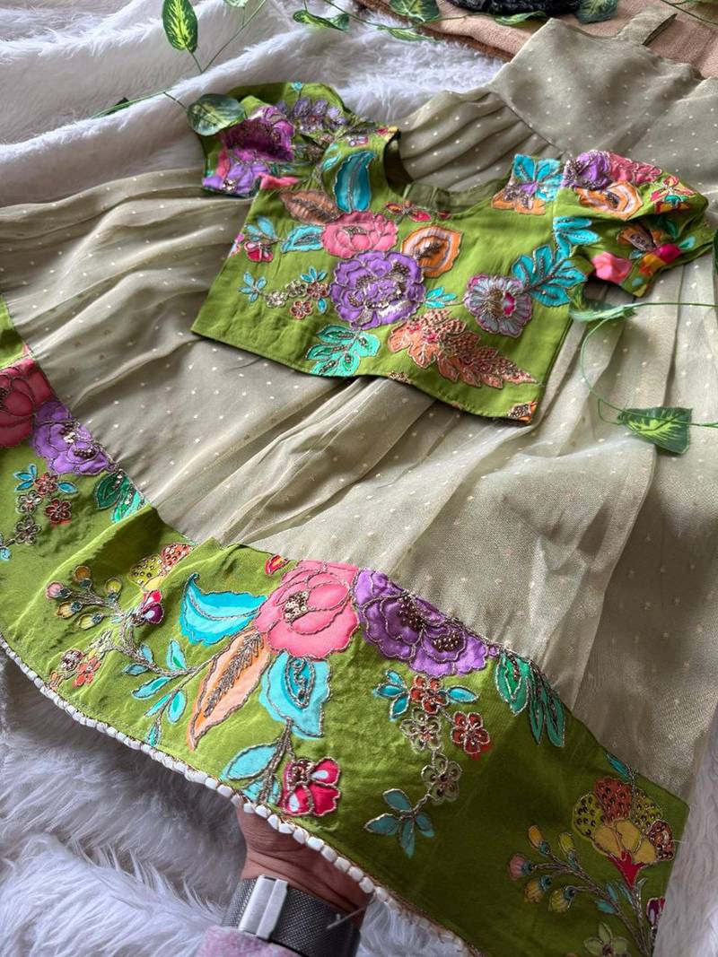 Kids pista salsa fabric gown with viscose crepe koti featuring hand-placed position embroidery work