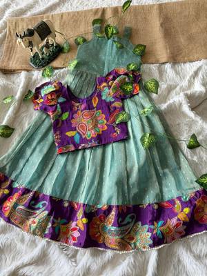 Kids skyblue salsa fabric gown with viscose crepe koti featuring hand-placed position embroidery work 1