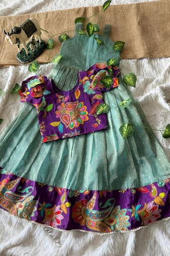Kids skyblue salsa fabric gown with viscose crepe koti featuring hand-placed position embroidery work