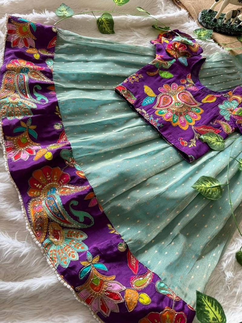 Kids skyblue salsa fabric gown with viscose crepe koti featuring hand-placed position embroidery work