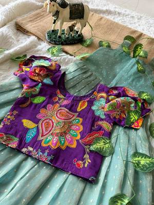 Kids skyblue salsa fabric gown with viscose crepe koti featuring hand-placed position embroidery work 3