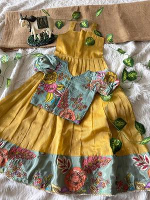 Kids yellow salsa fabric gown with viscose crepe koti featuring hand-placed position embroidery work 2