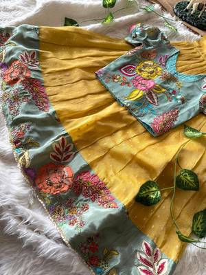 Kids yellow salsa fabric gown with viscose crepe koti featuring hand-placed position embroidery work 3