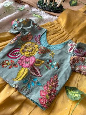 Kids yellow salsa fabric gown with viscose crepe koti featuring hand-placed position embroidery work 4