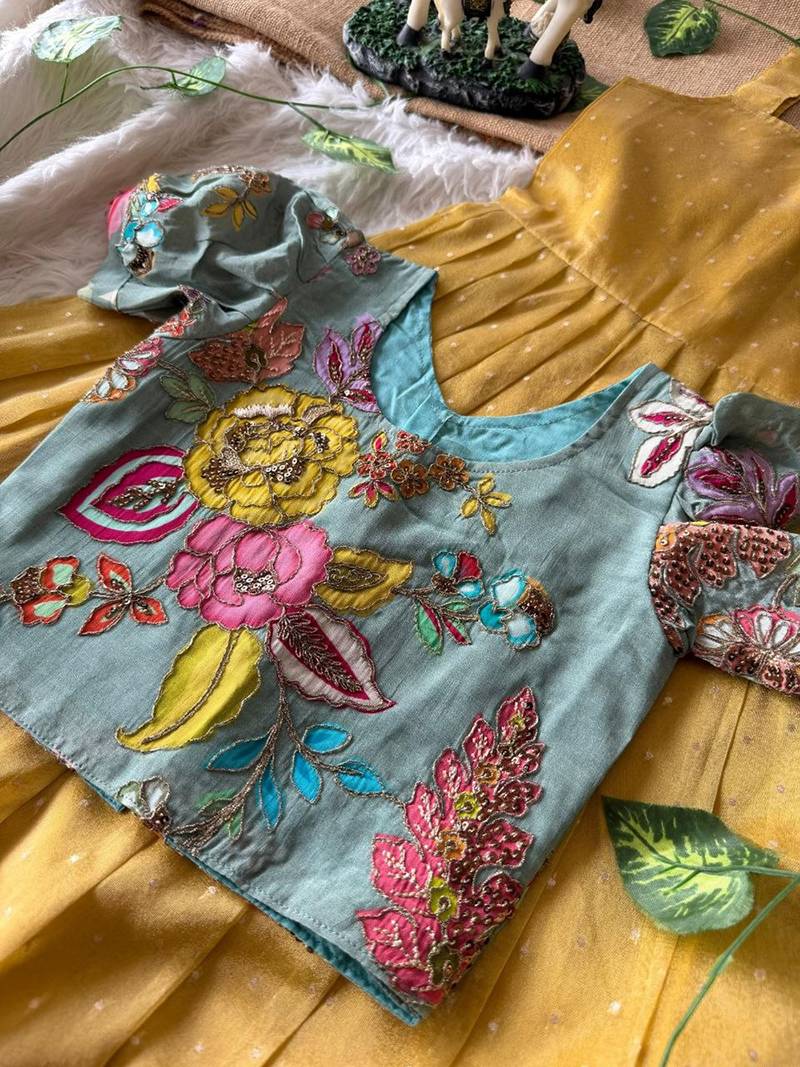 Kids yellow salsa fabric gown with viscose crepe koti featuring hand-placed position embroidery work