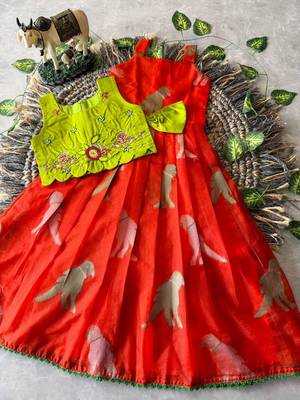 Kids red soft organza zari weaving gown with raw silk maggam embroidery work koti 1