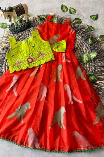 Kids red soft organza zari weaving gown with raw silk maggam embroidery work koti
