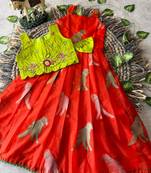 Kids red soft organza zari weaving gown with raw silk maggam embroidery work koti