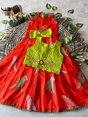 Kids red soft organza zari weaving gown with raw silk maggam embroidery work koti 2