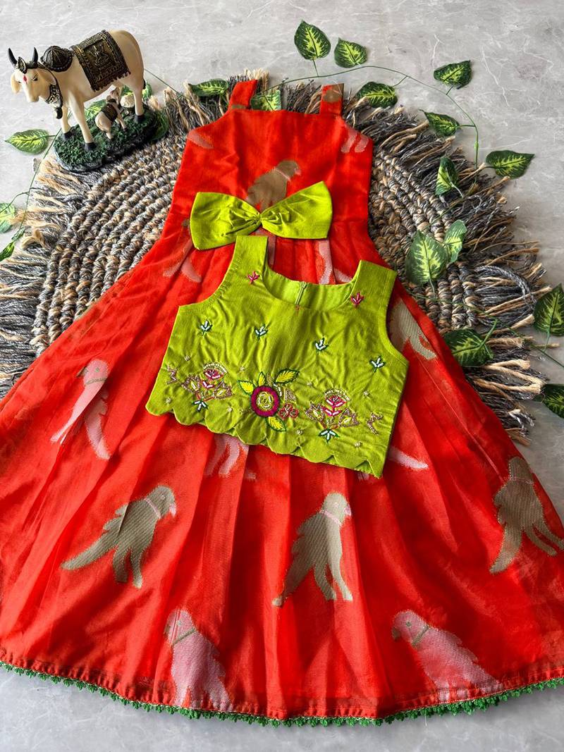 Kids red soft organza zari weaving gown with raw silk maggam embroidery work koti