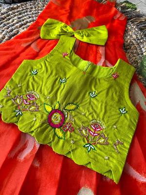 Kids red soft organza zari weaving gown with raw silk maggam embroidery work koti 3