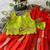 Kids red soft organza zari weaving gown with raw silk maggam embroidery work koti