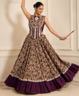 Purple Navratri Festive Chanderi Lehenga with Real Mirror Work 3