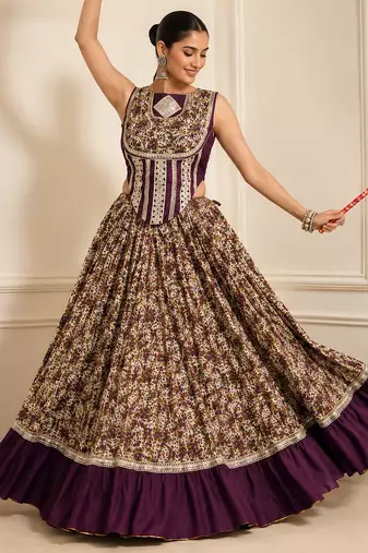Purple Navratri Festive Chanderi Lehenga with Real Mirror Work