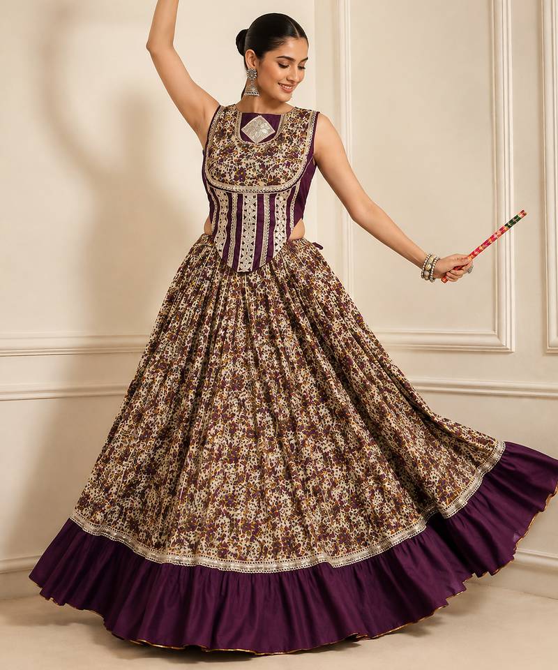 Purple Navratri Festive Chanderi Lehenga with Real Mirror Work