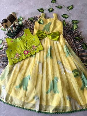 Kids yellow soft organza zari weaving gown with raw silk maggam embroidery work koti 1