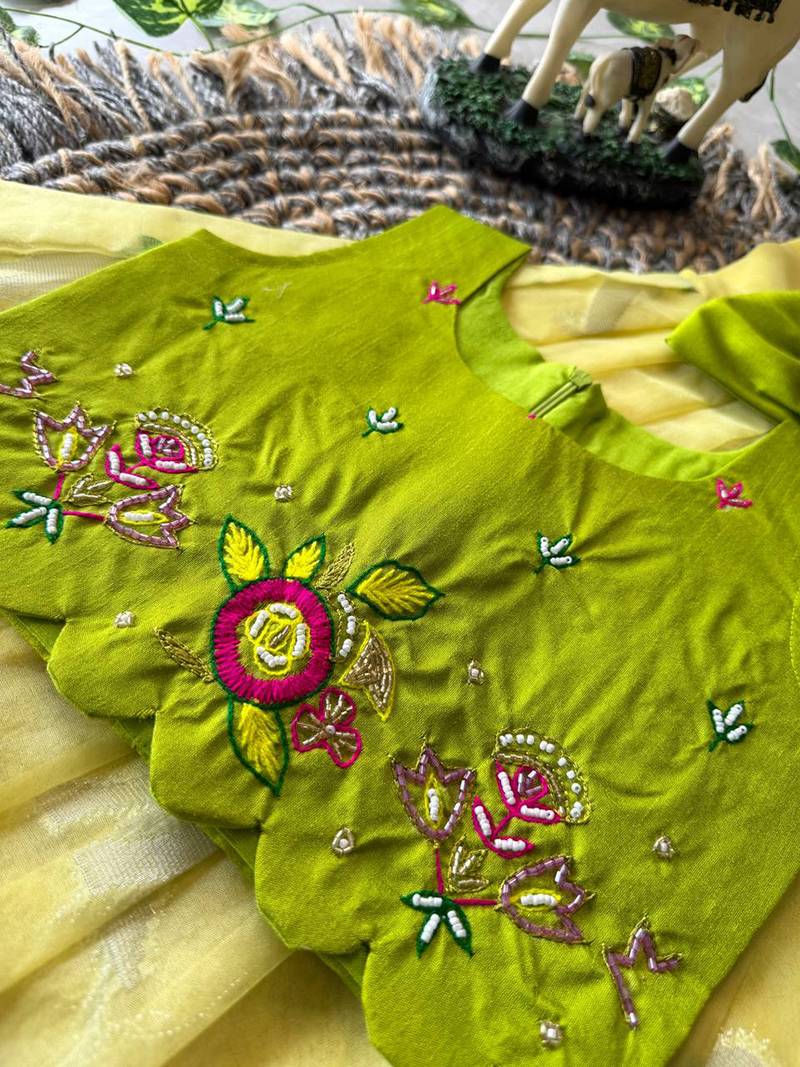Kids yellow soft organza zari weaving gown with raw silk maggam embroidery work koti