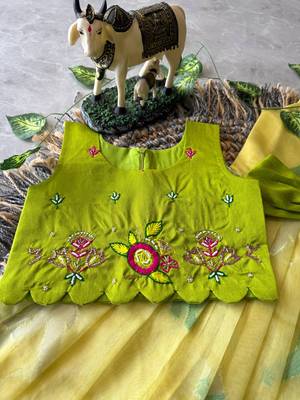 Kids yellow soft organza zari weaving gown with raw silk maggam embroidery work koti 4
