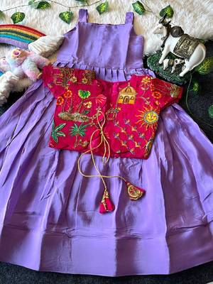 Kids lavender soft viscose natural crepe gown with viscose natural crepe position embroidery work koti 1