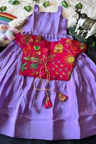 Kids lavender soft viscose natural crepe gown with viscose natural crepe position embroidery work koti