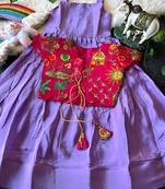 Kids lavender soft viscose natural crepe gown with viscose natural crepe position embroidery work koti