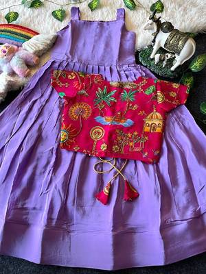 Kids lavender soft viscose natural crepe gown with viscose natural crepe position embroidery work koti 2