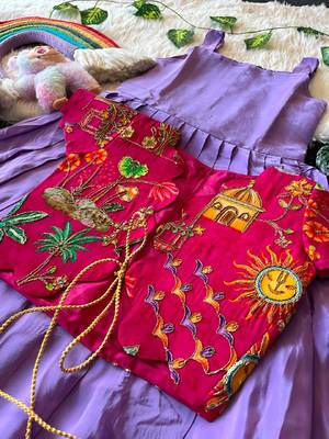 Kids lavender soft viscose natural crepe gown with viscose natural crepe position embroidery work koti 3