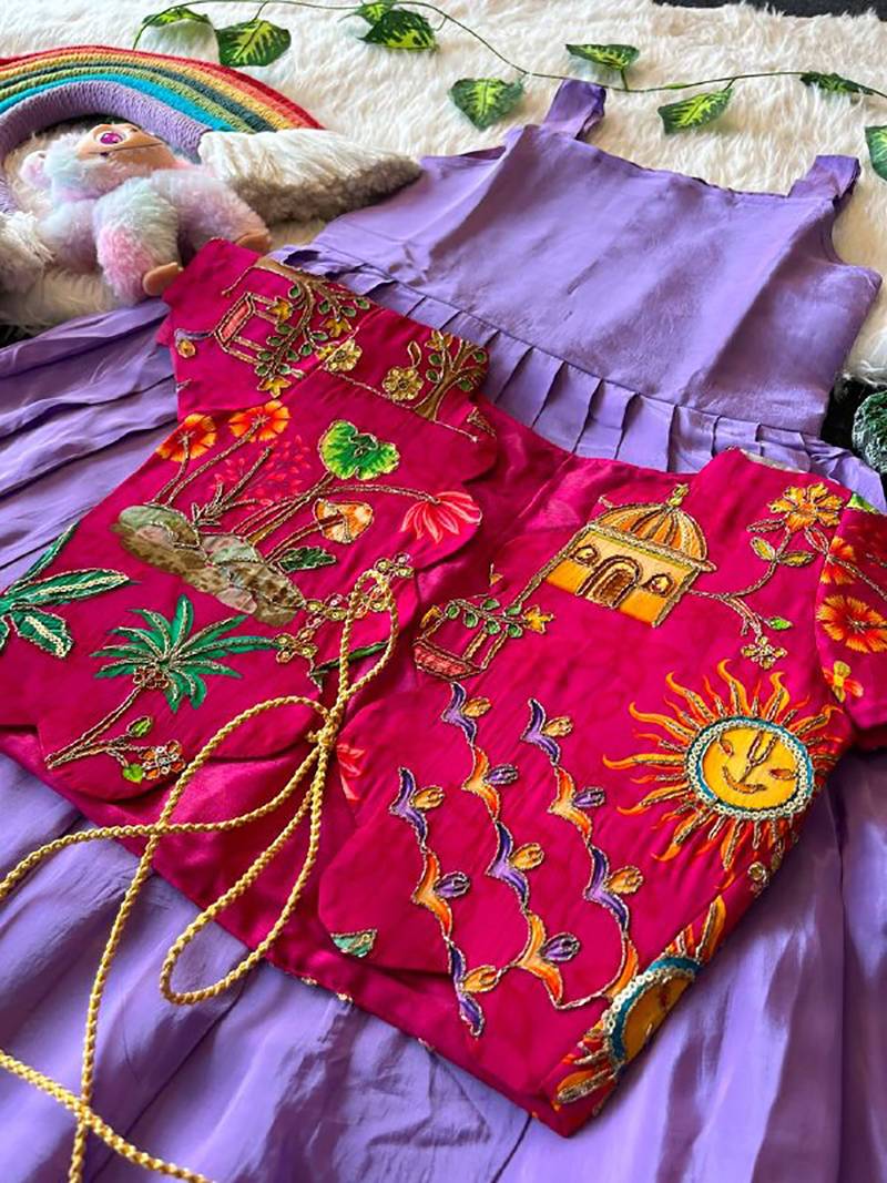 Kids lavender soft viscose natural crepe gown with viscose natural crepe position embroidery work koti