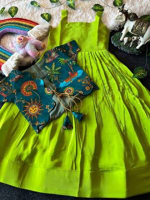 Kids parotgreen soft viscose natural crepe gown with viscose natural crepe position embroidery work koti 1